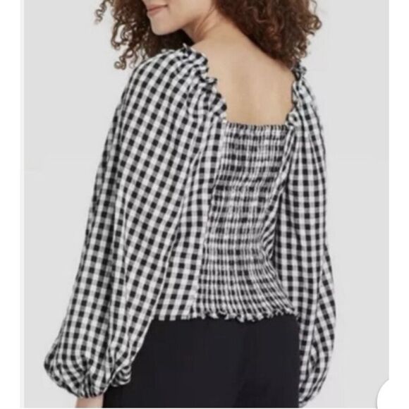 Who What Wear black linen gingham puff sleeve cropped blouse  large - Picture 2 of 10